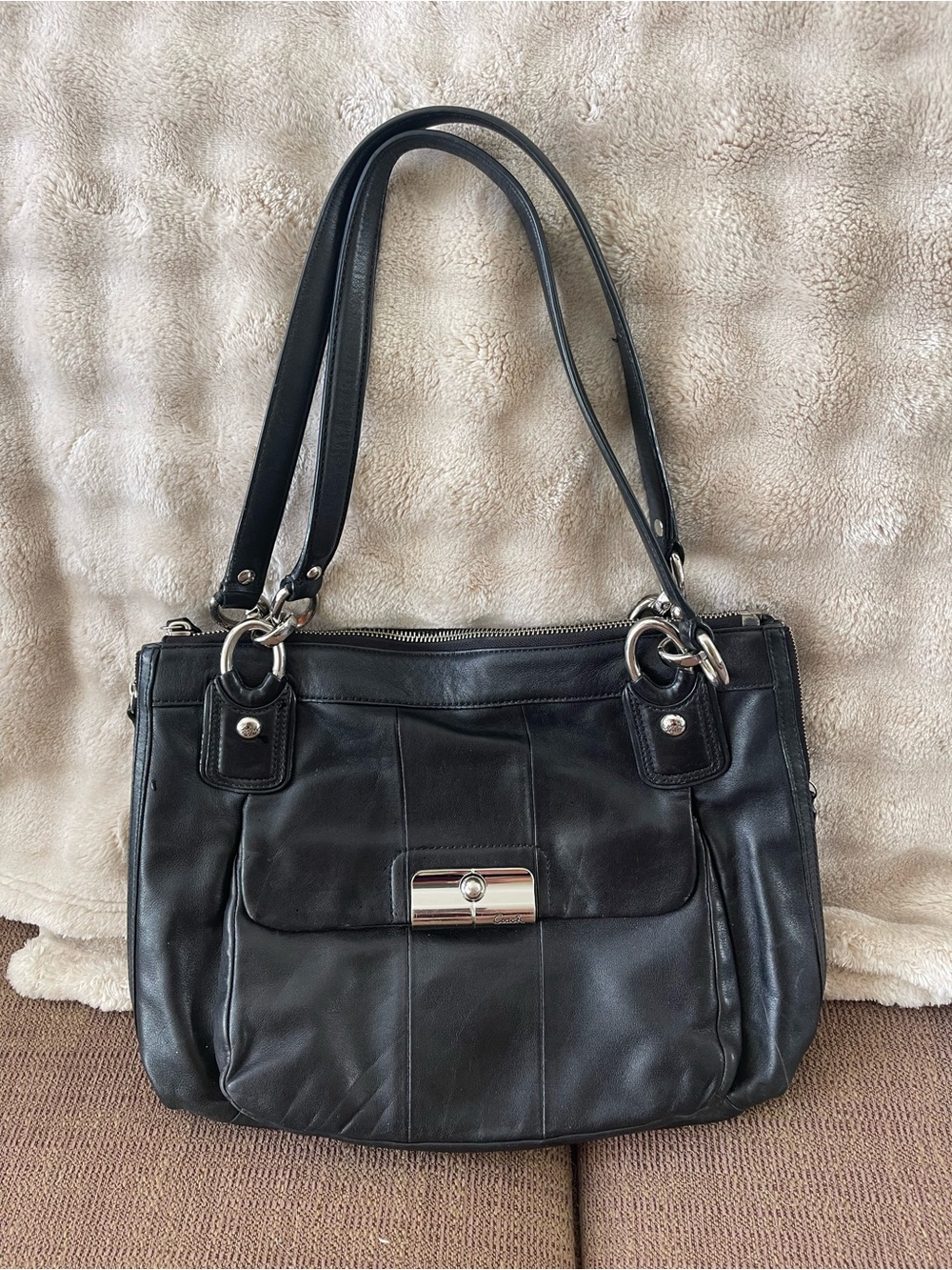 Coach Black Leather Shoulder Bag with Silver Hardware